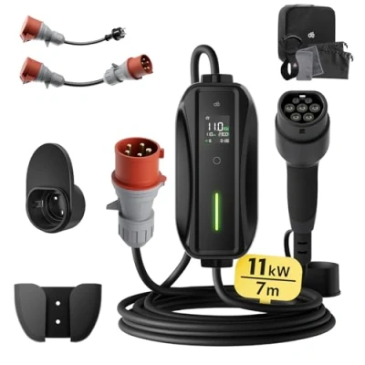 Image de dé Câble de Type 2 avec Prise CEE, 11 KW, triphasé, 7 m, 6 16 A, kit Adaptation Base, Chargeur EV et Station Charge Mobile/boîtier Mural pour ID.3/4/5, modèle Y, 3, e up,