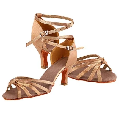 Image de mumisuto Chaussures de Danse Latine, Latines en Satin Doux et Confortables, cha pour professeurs étudiants(38 Brun Clair)