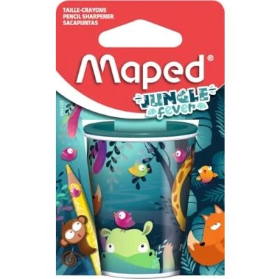 Image de Maped Taille crayon canette en métal Deux trous de différents diamètres Grande capacité réserve Décor Jungle fever Emballage carton recyclable