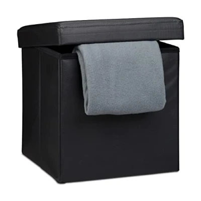 Image de Relaxdays Pouf pliant Chaise de rangement robuste et repose pieds pratique, boîte en similicuir avec couvercle amovible,38 x 38 cm, noir