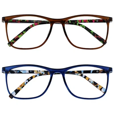 Image de OPULIZE Arc Lunettes de Lecture Pack 2 Montures Carrées Minces Élégantes Charnières à Ressort Anti Rayures Marron Bleu Branches Motif Hommes Femmes RR66 23 +2.50