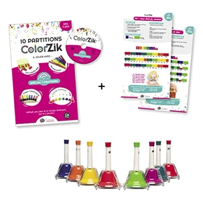 Image de FUZEAU 78242 Lot complet ColorZik comptines + instrument Livre +CD jeu de 8 cloches colorées Méthode jouer la musique sans solfège 10 partitions