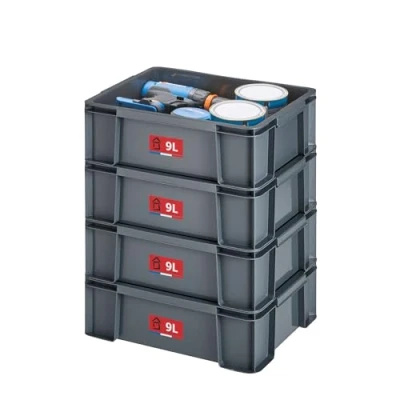 Image de SUNDIS Master Box, lot de 4 bacs rangement 9L en plastique recyclé, robustes et renforcés, parois droites, superposables combinables, idéals pour l’atelier, le bricolage ou transport