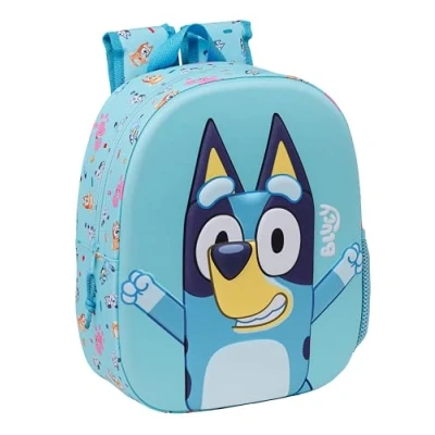 Image de Safta BLUEY Sac à dos d&#039;école, design 3D, adaptable au chariot, idéal pour les enfants de différents âges, confortable et polyvalent, qualité résistance, 27 x 10 33 cm, bleu ciel, clair,