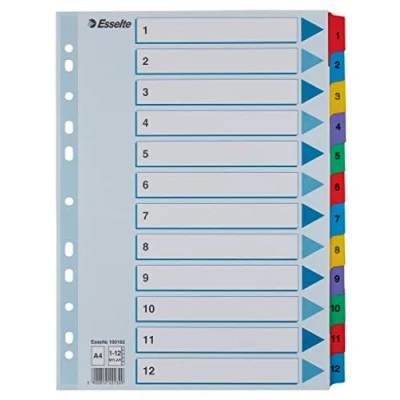 Image de Esselte Intercalaires A4 1 12, Touches et Bande Perforée Renforcées en Mylar, Carton Résistant, Bleu, 12 Onglets avec Table des Matières, 100162
