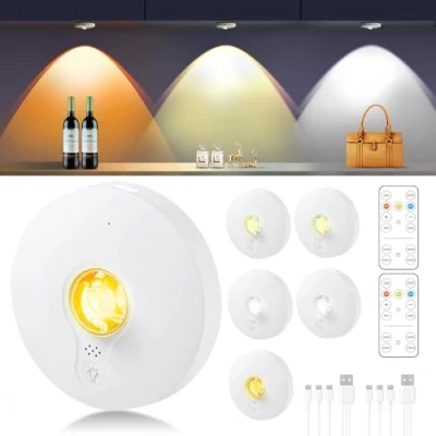 Image de Lot de 6 palets lumineux rechargeables à DEL pour dessous d&#039;armoire, lumières robinet piles, adhésives, commandes tactiles et télécommandes, placard sans fil intensité