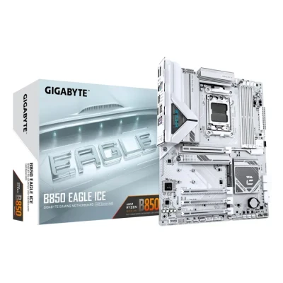 Image de GIGABYTE B850 Eagle Ice Carte Mère Processeurs AMD Ryzen série 9000, VRM numérique 8+2+2 Phases, Jusqu’à 8200 MHz DDR5 (O.C), 1 x M.2 PCIe 5.0 + 2 4.0, LAN 2.5 GbE, USB 3.2 Gen