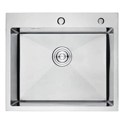 Image de Ibergrif M85545, Evier Cuisine 1 Bac 55 x 45 cm, Inox avec Filtre de Vidange, à Poser Trous pour Robinets et Distributeurs Savon, Argent
