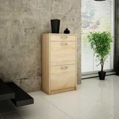 Image de Meuble à chaussures avec 1 tiroir et 2 abattants, étagère 3 compartiments, bords arrondis doux, largeur 50 cm, dessus stratifié, rangement peu encombrant sonoma