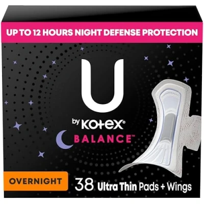 Image de U by Kotex Balance Serviettes de nuit ultra fines avec ailes, 38 pièces
