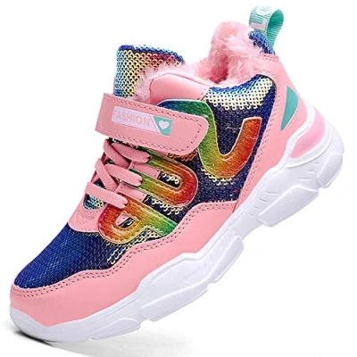 Image de HSNA Baskets Mode Fille Légères Sneakers Paillettes Chaussures d&#039;hiver Doublées Chaude(a1 1 Rose 32 EU)