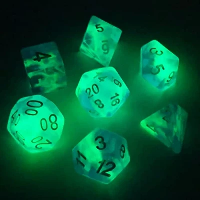 Image de Bescon Super Glow in The Dark Nebula Glitter Polyhedral Dice Set Northern Light, Luminous RPG Set,Glowing Novelty DND Game Set, d4 d6 d8 d10 d12 d20 d% Brick Box
