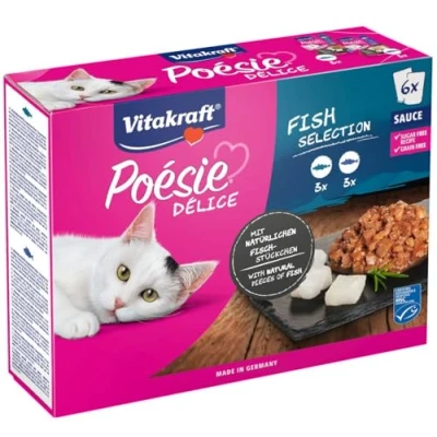 Image de VITAKRAFT Nourriture Chat « Poésie » Alimentation Humide Complète Pour À Base de Poisson En Sauce (Cabillaud, Colin) 6 Sachets 85 g