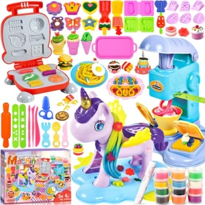 Image de ZQEJEFD Pâte À Modeler pour Enfants, 59 Pièces Accessoires Créer des Hamburgers, Crème Glacée, à Licorne, Outils de Créatif Accessoire avec 12 Pots Pate a