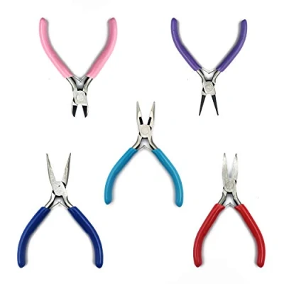 Image de Lot de 5 Set Pince Bijoux, Ensemble Pinces à Coupe Fil, Bec Rond, Effilé, Courbé, Plat pour Fabrication Bijoux Bricolage