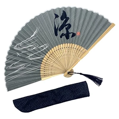 Image de evantail Pliant à la Main en Bambou Coton Gris，inclure Une Pochette Soie，eventail Japonais éventail Chinois 22 cm