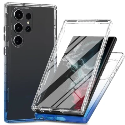 Image de XINNI Coque pour Samsung Galaxy S24 Ultra 5G Antichoc Housse avec Protège écran, 360 Degrés Full Body Etui Solide Double Face Bumper Portable Transparent Housse,Bleu