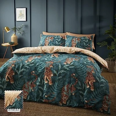Image de Catherine Lansfield Tropic Tiger Leaf Parure de lit réversible avec Housse Couette et taies d&#039;oreiller Vert