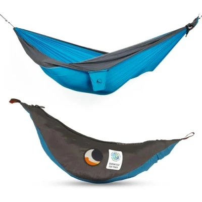 Image de Ticket to the Moon Fair Trade &amp; Artisanal 1 2 Pers. Léger Kingsize Hamac Aqua/Gris pour Voyages, Camping, Jardin, XL 3.2 * 2.3m, 700g, Nylon en Soie De Parachute, Installation &lt; 1min