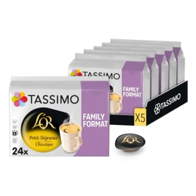 Image de 120 dosettes Café Extra Long Spécial Petit Déjeuner L&#039;OR, Compatibles avec les machines TASSIMO, Format Familial, Equilibré et Mousseux, 5 packs de 24
