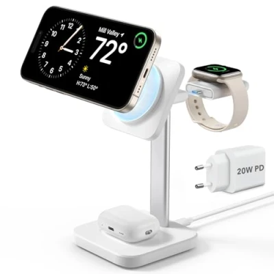 Image de ESR Support de Chargeur 3 en 1 (HaloLock), Compatible avec MagSafe, Amovible Certifié Apple Watch, Magnétique sans Fil, iPhone 16/15/14/13/12, AirPods 4/3/2/Pro, Blanc