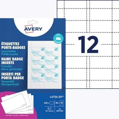 Image de AVERY 240 Cartes Blanches pour Badges 190 g/m² Format 75 x 40 mm Impression Laser et Jet d&#039;Encre