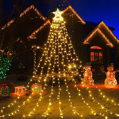 Image de ELKTRY 349 LED Guirlande Lumineuse Sapin de Noel Avec Etoile, 9 * 3.5m Rideau Lumineux Blanc Chaud, 8 Modes D&#039;éclairage, Decoration Extérieur et Intérieur