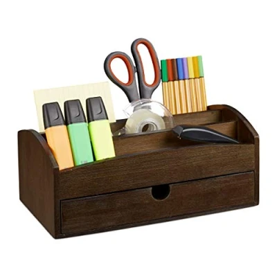 Image de relaxdays Bureau, Organiseur en Bambou, avec Compartiments et tiroir, HLP 11 x 27,5 15 cm, Marron foncé, MDF