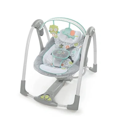 Image de Ingenuity Balançoire portable Swing &#039;n Go Hugs and Hoots, 5 vitesses de swing, 8 mélodies apaisantes, barre à jouets amovible, nouveau né et plus, gris