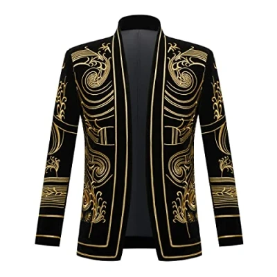 Image de PYJTRL Blazer élégant en Velours Noir avec Broderie dorée pour Homme (M, Fleur Dorée.)