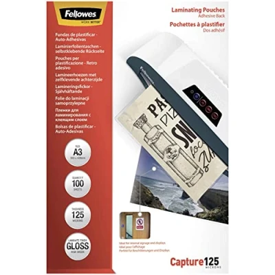 Image de Fellowes Pochettes de Plastification A3 Autocollant Capture 125 microns A3, Lot 100, Transparent