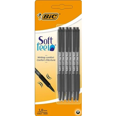 Image de BIC Soft Feel Stylos à Bille avec Pointe rétractable Medium (1,0mn) et Grip en Caoutchouc Noir, Blister de 6