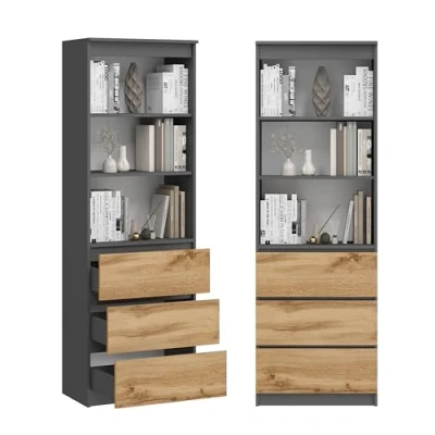Image de Armoire Multi usages avec 3 tiroirs et Compartiments de Bureau Meuble Rangement 180 x 60 35 cm (Graphite/chêne Wotan)