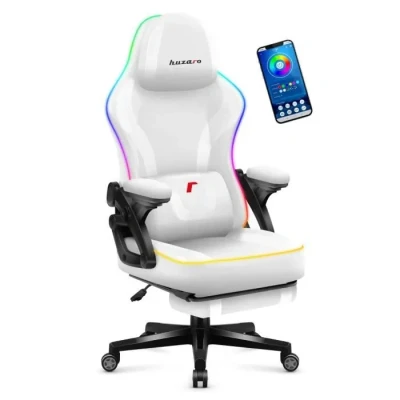 Image de Chaise Gaming HUZARO Force 4.6 Blanc LED RVB Repose pieds et éclairage RGB