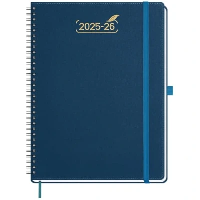 Image de BEZEND Agenda 2025 2026 A4 Spirale 28 x 22 cm Semainier 25 26 avec Double Horaire 1 Semaine 2 Pages 18 Mois Du juil. à déc. Couverture Souple en Cuir PU Bleu Prussien