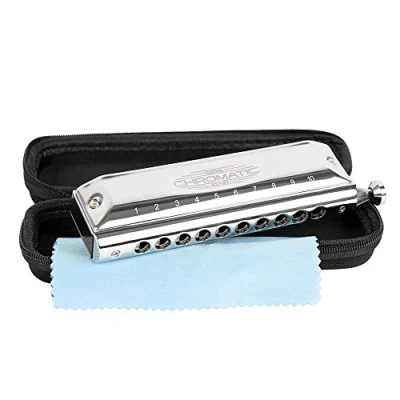 Image de CASCHA Harmonica chromatique 10 40 trous Avec tons Boîtier en acier inoxydable robuste Parfait pour les débutants et professionnels étui souple chiffon de nettoyage