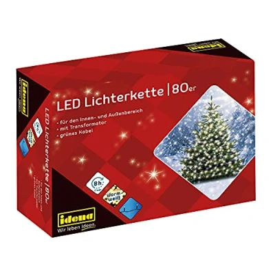 Image de Idena 8325058 Guirlande lumineuse avec 80 LEDs en blanc chaud, fonction minuterie 8 heures et transformateur, pour usage intérieur extérieur, les fêtes, Noël, décoration, mariage