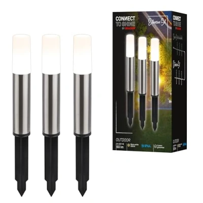 Image de BRILONER éclairage de jardin Connect to Shine 12V, lot 3 bornes d&#039;éclairage LED avec piquet terre, kit d&#039;extension, IP44, lumière blanc chaud, d&#039;allée, 36,5x4 cm, argent