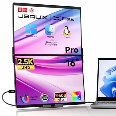 Image de JSAUX FlipGo 16&quot; Pro Écran Portable 2.5K Dual Screen, Triple Moniteur Extensible pour PC, Un Câble Deux Écrans IPS, HUB Intégré, Design Magnétique, Plug and Play Windows/Linux/macOS