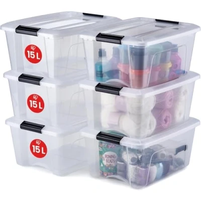 Image de Iris Ohyama, Boite Rangement Plastique avec Couvercle, 15L, Lot de 6, Transparent, Clips Fermeture, Poignée, Empilable, Organisation Solide &amp; Durable, pour Chambre, Dressing, Bureau, NTB 15