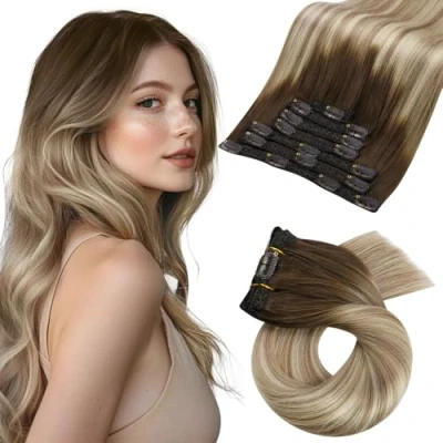 Image de Moresoo Extension a Clip Cheveux Naturel Balayage Invisible Brun Foncé à Clair avec Blond Moyen Humain 40 cm 7 Pièces/120g #3/8/22