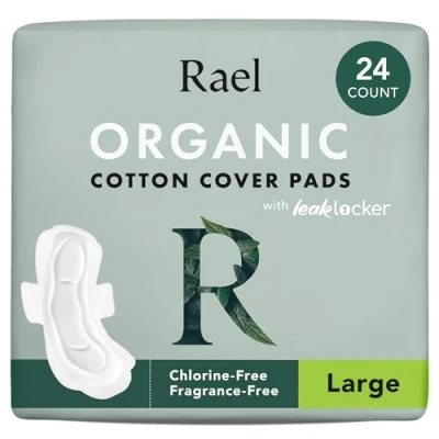 Image de Rael Serviette Hygiénique en Coton Bio Flux Abondants, Avec Ailettes, Ultra fin, Hypoallergéniques, Sans Parfum (Large, 24 Serviettes)