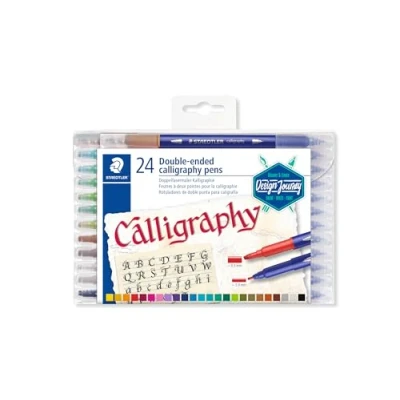 Image de Staedtler Calligraph Duo, feutres à deux pointes pour calligraphie, Pointe biseautée de 2.0 mm et 3.5 mm, Étui en plastique avec 24 calligraphie assortis, 3005 TB24