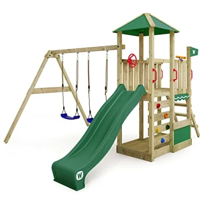 Image de WICKEY Aire de Jeux Smart Savana portique en Bois avec balançoire et Toboggan Vert, Tour d&#039;escalade pour Enfants bac à Sable, échelle Accessoires Jeu Le Jardin