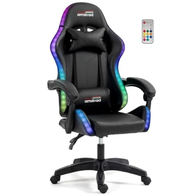 Image de Amstrad AMS LED DARKSIDE Fauteuil / Chaise de bureau Gamer noir avec éclairage 366 effets Télécommande Neuf