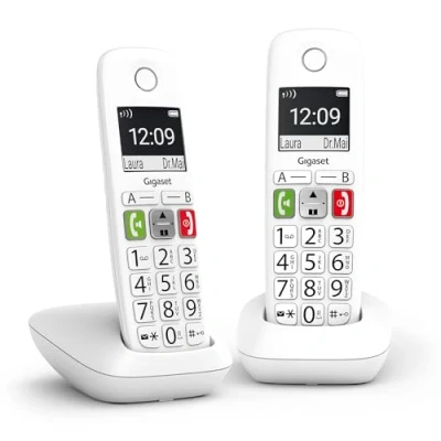 Image de Gigaset E290 Duo Téléphone Fixe sans Fil Blanc, 2 combinés avec Grand écran rétroéclairé, larges Touches, Fonction Blocage D&#039;appels [Version Française]