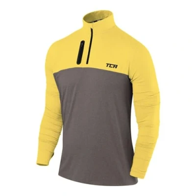Image de TCA Veste Running Homme Hiver T Shirt Manches Longues Quickdry Fusion Pro avec Fermeture Éclair à Mi Poitrine pour Course Jogging Gris Foncé/Jaune, S