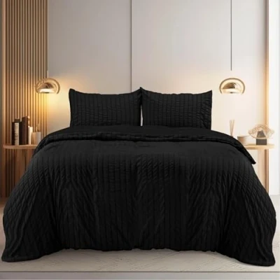Image de Utopia Bedding Seersucker Housse de Couette 200x200 cm avec 2 Taies d&#039;oreiller 50x75 (Noir) Parure Lit Ensembles Housses en Microfibre brossée Douce