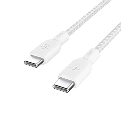 Image de Belkin câble USB C vers C, Power Delivery 100 W, certification IF 2.0, gaine tressée en nylon, cable charge rapide pour iPhone 16, 15, iPad, MacBook, Galaxy S24, Pixel, etc., 3 m, blanc