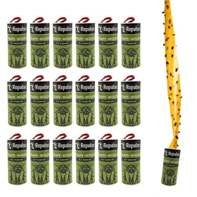 Image de Repulseo® Rubans Attrape Mouches [Made in UE], Papier Tue Mouche Interieur, Rouleau adhesif Collant, Piege Maison Forme serpentin, Produit à Base de Colle, Alternative aux tapettes